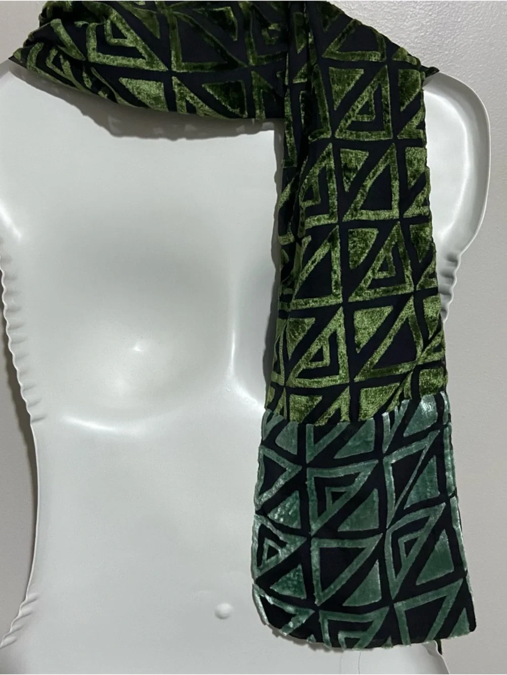 Dupatta Scarf Green Black Silk Velvet Burnout Geometric Boho Artsy